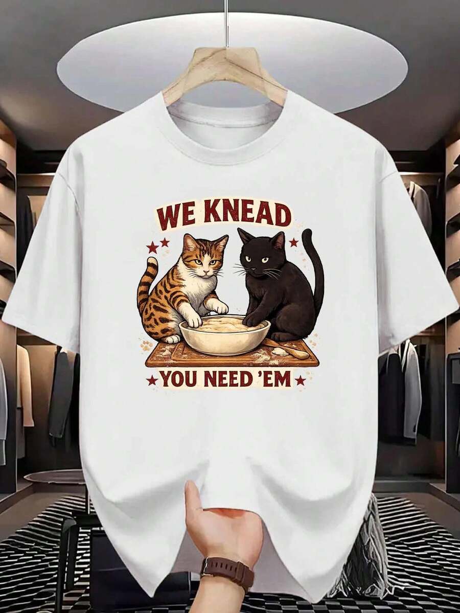 Camiseta de Algodón para Hombre con Estampado Divertido de Gatos Haciendo Pasteles, Algodón Puro, Impresión Premium, Duradera, Casual y a la Moda - Blanco - Ver 1