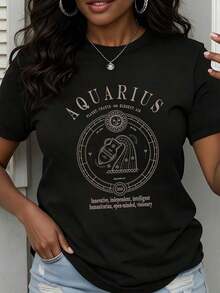 Women's Casual Loose Fit T-Shirt With Aquarius Zodiac Sign Print, Astrological Design With The Planet Uranus And The Element Of Air, Text: Innovative, Independent, Intelligent, Humanitarian, Open-Minded And Visionary For Daily Use And Spirituality Lovers. - Black - View 7