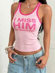 Áo tank top crop không tay in chữ, kiểu dáng thời trang đường phố, hàng mới về mùa hè dành cho nữ. - Hồng - Xem 3