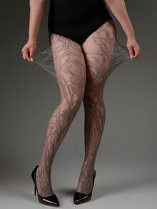 1pc Plus Size Elastic Skinny Pants, Vintage Gray Floral Jacquard Hollow Fishnet Stockings, Sexy Rebellious Style, Suitable For Spring/Summer, Y2K Fashion, Versatile, Halloween Costume, Suitable For Outings, Vacations, Dates, Social Occasions - Grey - View 4