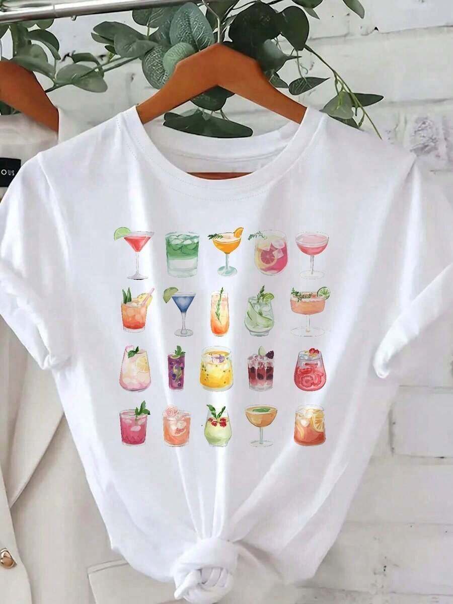 1 Piece Women's Retro Watercolor Cocktail Print T-Shirt - Short Sleeve, Round Neck, Summer Beach Party Top With Margarita, Daiquiri And Mojito Design - Breathable Casual T-Shirt For Bachelorette Parties, Social Gatherings And Casual Outfits (Machine Washable, Soft). - 白色 - 查看 1