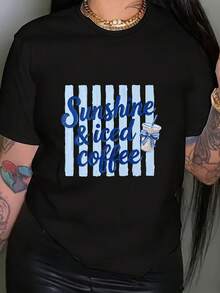 T-Shirt With Sun And Iced Coffee Graphic Print, Short Sleeve, Round Neck, Casual Style For Summer And Spring, Women's Clothing - High Quality - 黑色 - 查看 1