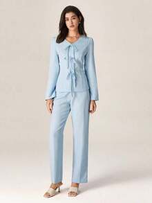 Conjunto de 2 piezas de top de manga larga con diseño de lazo elegante y pantalones rectos de cintura alta, color azul - Azul - Ver 5