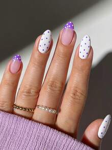 24pcs White Polka Dot Nail Stickers, Short Almond-Shaped Nail Art Set, Includes 1 Adhesive Sticker Sheet And 1 Mini Nail File, Suitable For Daily Wear - Mauve Purple - View 9