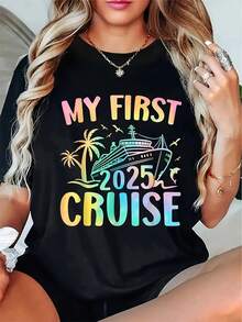 Camiseta de Vacaciones en Crucero 2026 para Hombre y Mujer - con el eslogan "Mi Primer Crucero 2026", estampados de barcos de crucero y palmeras, mezcla de poliéster y spandex elástico, camiseta de cuello redondo estilo Y2K, ropa casual cómoda, adecuada para fiestas de crucero, ropa de verano y recuerdos. - Negro - Ver 1