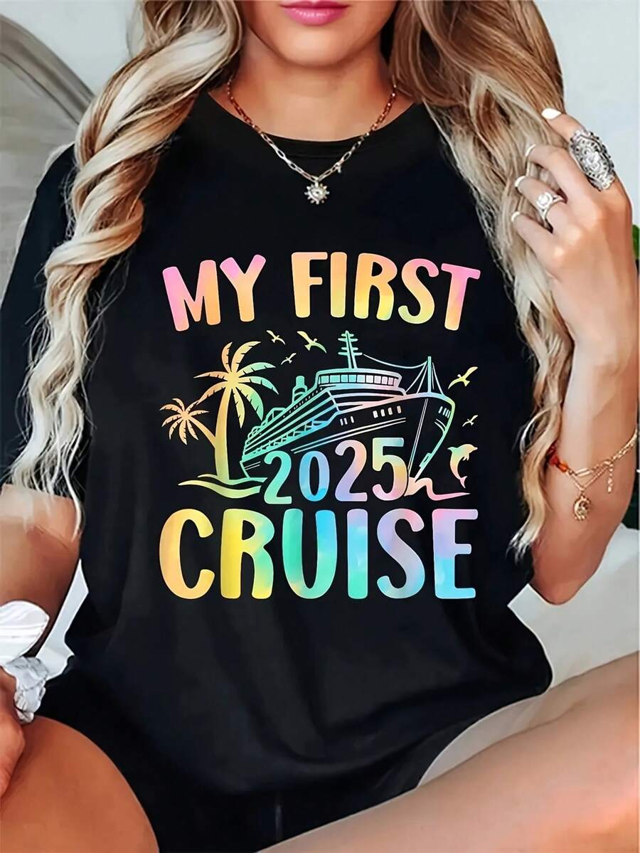 Camiseta de Vacaciones en Crucero 2026 para Hombre y Mujer - con el eslogan "Mi Primer Crucero 2026", estampados de barcos de crucero y palmeras, mezcla de poliéster y spandex elástico, camiseta de cuello redondo estilo Y2K, ropa casual cómoda, adecuada para fiestas de crucero, ropa de verano y recuerdos. - Negro - Ver 1
