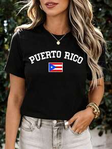 Camiseta de manga corta con la bandera de Puerto Rico y texto para uso casual, playeras de mujer - Negro - Ver 1