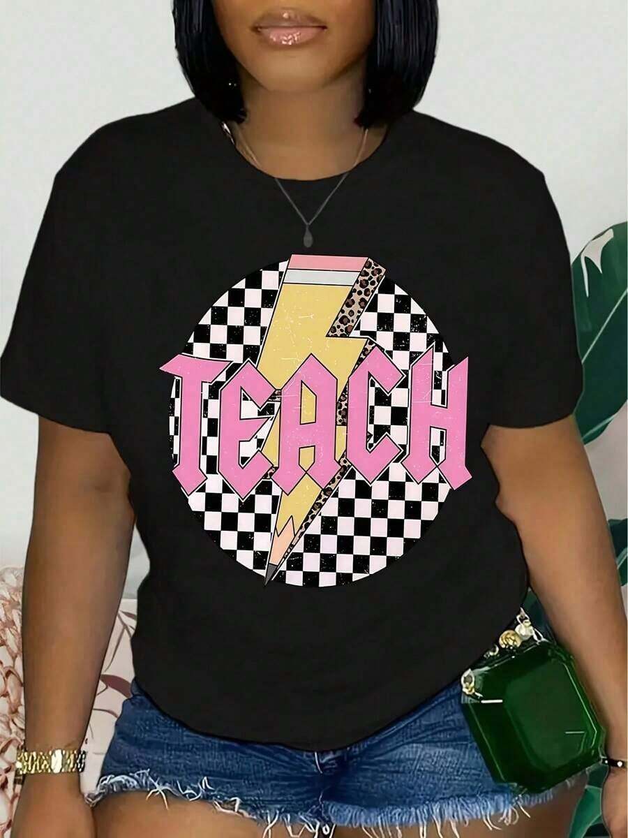 Women's Short-Sleeved T-Shirt, Soft And Breathable, 100% Cotton - Graphic Print With Teacher Theme, Casual Round Neck Top For Back To School Season, Versatile T-Shirt For Educators And Mothers, Teacher T-Shirt, Women's T-Shirts. - 黑色 - 查看 1