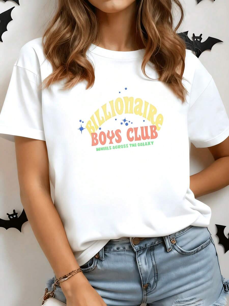 Colorful Print With Inspirational Text About Cosmic Energy And Universal Adventure Accompanied By Stars That Evoke Optimism And Freedom. Women's T-Shirt With A Modern Casual Style For Everyday Wear - 白色 - 查看 1