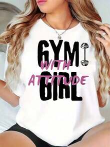 2026 New Style Pure Cotton T-ShirtCasual Fashion Women's T-Shirt Gym Girl With Attitude Dumbbell Print Summer Workout Wear For Fitness Enthusiasts And Gym Lovers - Vintage T Shirt - 白色 - 查看 6