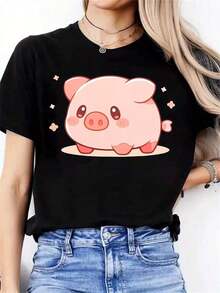 Lovely Pig, Gift, Directional Backgrounds, New Women's Casual Crew Neck Sports T-Shirt For All Seasons. Casual Blouses For Ladies - 黑色 - 查看 3
