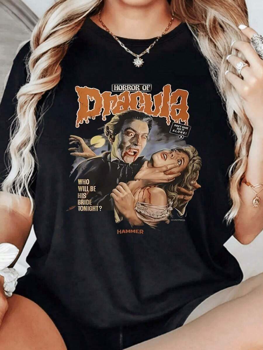 1 Piece Women's 100% Cotton T-Shirt, Gothic Style, Digital Print, Dracula Horror Movie Design, Casual Blouses For Ladies - 黑色 - 查看 1