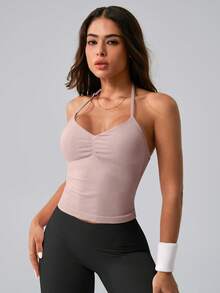 NcmRyu 1pc Women Solid Color Adjustable Spaghetti Strap V-Neck Ruched Backless Sports Camisole - Light Grey - View 8