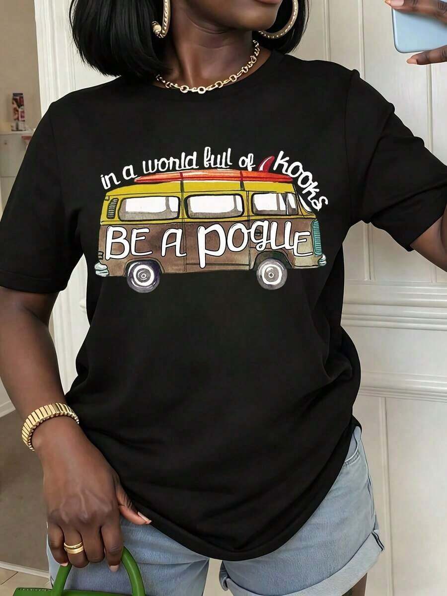 1 Piece Of Women's Summer T-Shirt With Graphic Print "Van Life Be A Pogue", Casual Short Sleeve Crew Neck T-Shirt For Spring And Summer, Gift For Friends And Family. - 黑色 - 查看 1