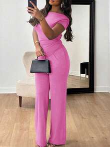 New Women's Summer Outfit, Minimalist And Elegant Style, Short Sleeves, Long Pants, Flattering Design, Cool, Versatile, Perfect For Office, Daytime Looks, Walks And Everyday Wear - 玫紅色 - 查看 6