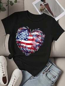 Soft And Stylish Women's T-Shirt With Heart And American Flag Print, Casual Summer Top For Patriotic Independence Day Celebrations - 黑色 - 查看 3