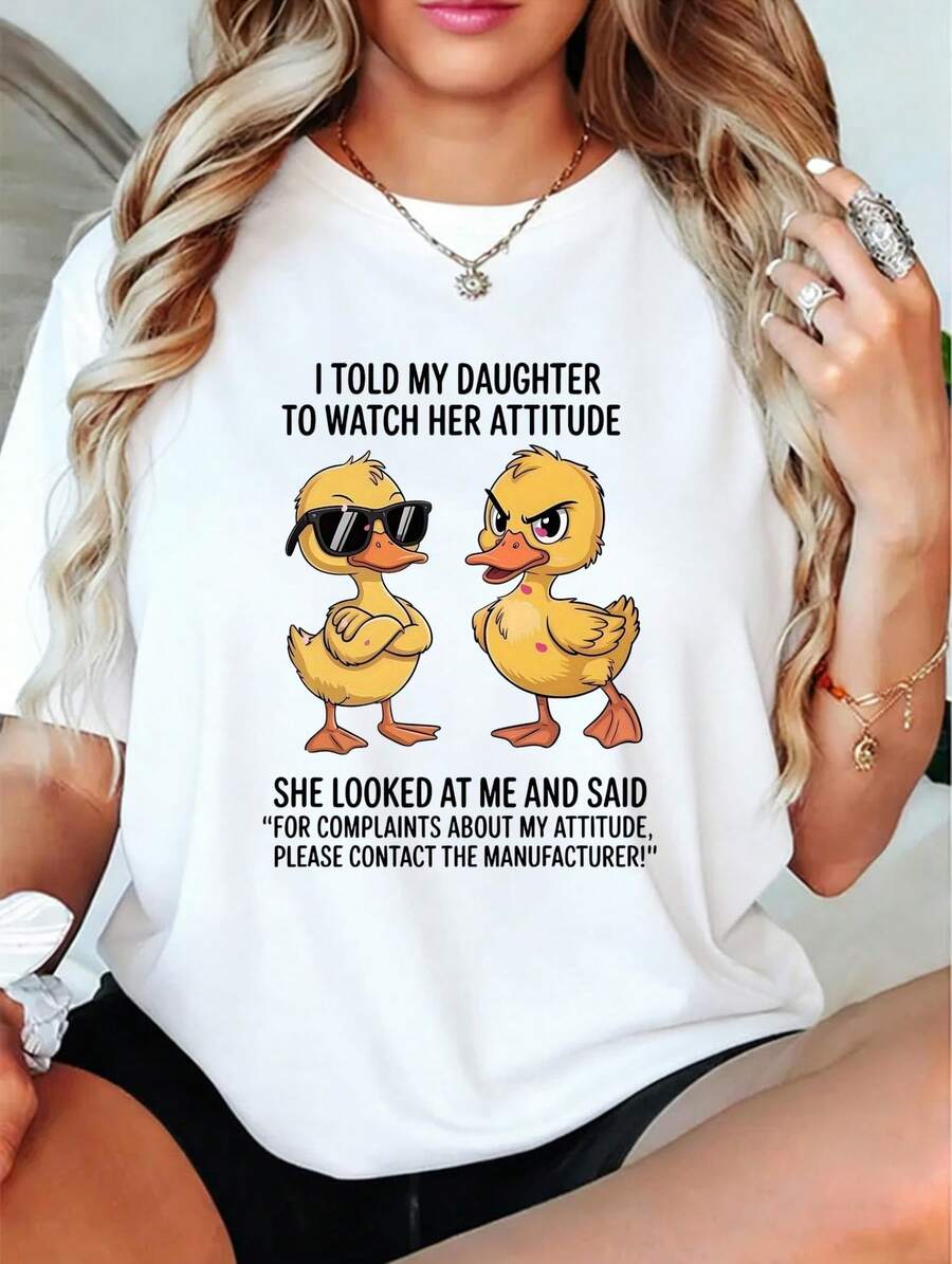 Camiseta Deportiva Casual para Mujer con Divertido Diseño de Patitos de Cuento y Texto de Actitud - Camiseta Blanca Elástica de Cuello Redondo, Lavable aáquina, Ajuste Cómodo para Todas las Estaciones, Perfecta para un Look Divertido y Relajado. - Blanco - Ver 1