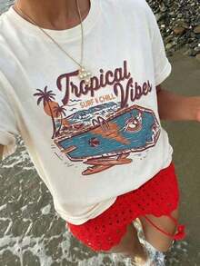 Nuevos productos de la temporada Camiseta divertida Oversized T-shirts T-shirts Women's Letter Casual T-shirts for Women Camiseta de mujer de manga corta y cuello redondo con estampado de piscina de verano, de estilo casual versátil, adecuada para uso diario y vacaciones OI9Y - Blanco - Ver 3