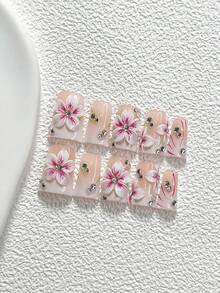10件裝溫柔淑女風手工美甲貼片組，白色圓鑽美甲配件，粉色、白色與綠色指甲油，含美甲工具，3種尺寸可選，杏仁甲、鴨嘴甲、棺材甲，適合派對、舞蹈、日常配戴 - 彩色 - 查看 16