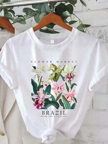 1 Piece Unisex Women's Brazilian Floral Print T-Shirt - Short-Sleeve Crew Neck Top, Soft And Stretchy, With "Flower Market" And "Natural Beauty" Design, Machine Washable, Lightweight Fabric For Casual Spring And Summer Wear. 180g Women's Summer T-Shirts, Casual Cotton Graphic Print T-Shirts, 100% Cotton. - 白色 - 查看 7