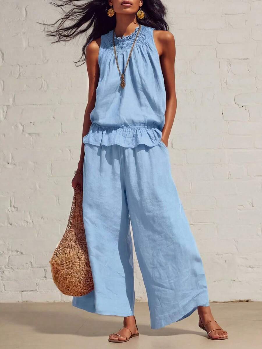 Nuevo conjunto de dos piezas de lino y algodón de estilo bohemio retro con volantes - azul cielo - Ver 1
