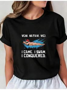 Camiseta Deportiva Casual para Mujer con Gráfico de Hombre Nadador - Camiseta Negra Elástica de Cuello Redondo, Lavable aáquina, Ajuste Cómodo para Todas las Estaciones, Diseño Divertido con Texto en Español. - Negro - Ver 6