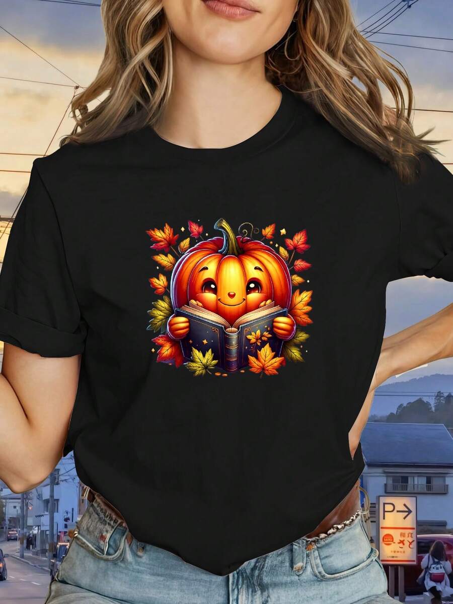 Short-Sleeved T-Shirt With Round Neck And Creative Digital Print 'Pumpkin With Open Book', Casual T-Shirt For Women, Loose And Comfortable, Versatile For Casual Outfits, Informal Outings, Home Or Work. - 黑色 - 查看 1