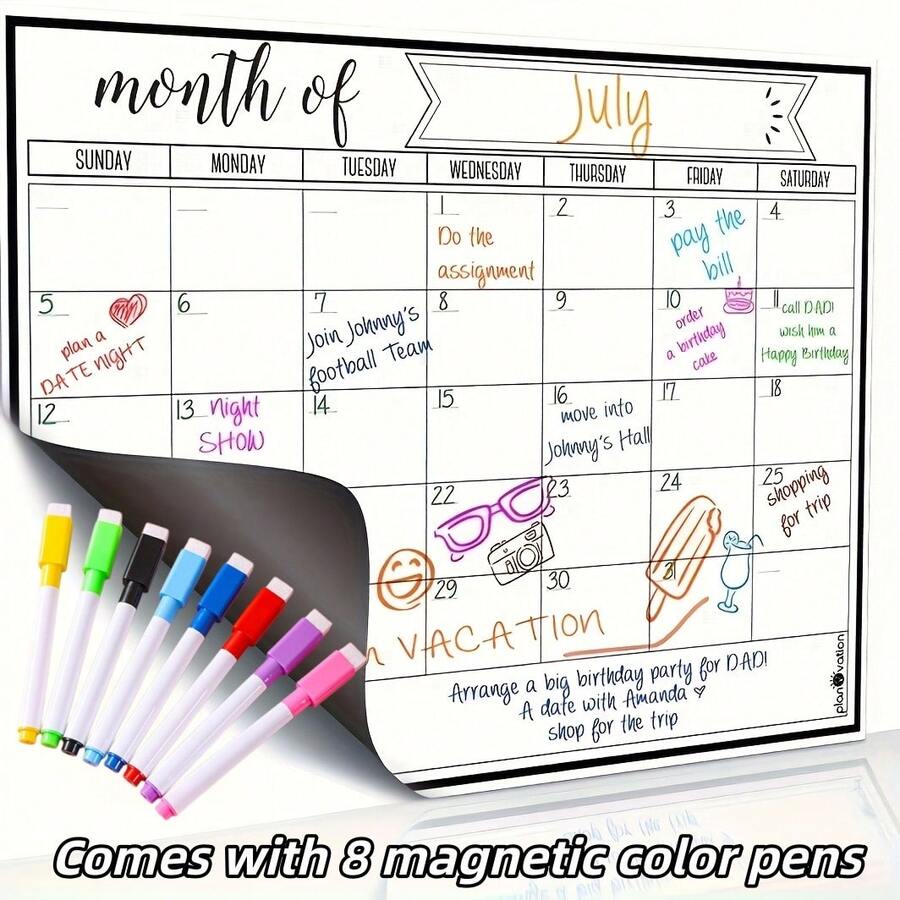 1 set Calendrier magnétique pour réfrigérateur - Dos magnétique puissant, surface sèche et lisse, calendrier pratique, tableau blanc - Idéal pour l'organisation de la cuisine, la planification des repas, l'organisation familiale, les rappels et les notes sur le réfrigérateur (inclut 8 stylos de couleur)