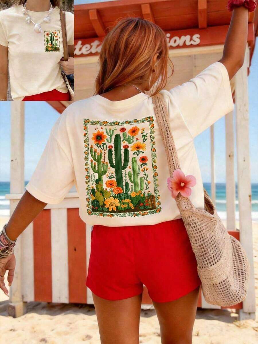 Camiseta de manga corta para mujer, de talla grande, con diseño de cactus y motivos florales.Adecuado para usar en todas las estaciones.Casual de Verano 100% Algodón - Albaricoque - Ver 1