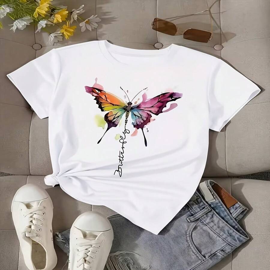 Women's Casual Summer T-Shirt With A Vibrant Butterfly Design – Short Sleeves, Crew Neck, Lightweight Blended Fabric, White With Colorful Details, Perfect For Casual Wear, Butterfly Themed T-Shirt S-XXXL - 白色 - 查看 1
