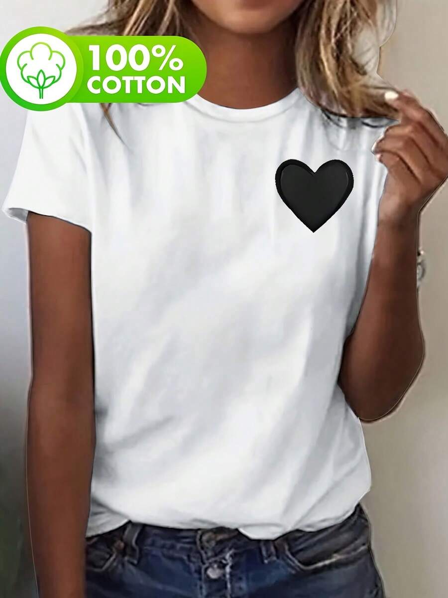 Camiseta de Manga Corta 100% Algodón para Mujer - Top Suave y Transpirable de Verano con Estampado Sutil de Corazones y Flores, Blusa Casual de Cuello Redondo para Primavera y Verano, Ropa Casual Lavable a Máquina