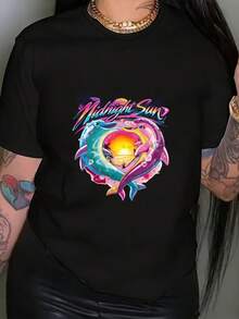 Limited Time Offer, Limited Quantities, Flash ! Women's Casual Shirts, Women's Polyester T-Shirts, Stylish Shirts. Dolphin And Midnight Sun Print T-Shirt, Casual Short-Sleeve Crew Neck T-Shirt, Ideal For Spring And Summer, Women's Clothing. - 黑色 - 查看 1