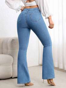 Jeans de pierna acampanada de corte slim casual para ir al trabajo - Azul - Ver 3