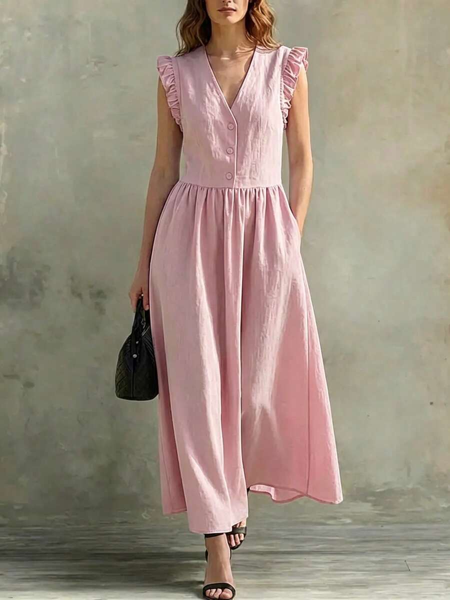 Women's Sleeveless Dress Spring Summer 2026, V-Neck With Ruffled Edges In Cotton Linen Fabric, Casual Style - Pink - View 1