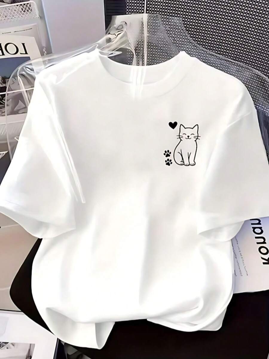 Camiseta de manga corta para mujer con lindo estampado de gatos, estilo verano. - Blanco - Ver 1