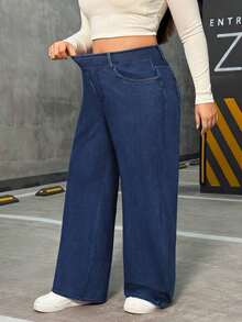 Jeans rectos casuales elásticos de talla grande para mujeres - Azul lavado oscuro - Ver 6