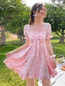 Vestido de cuello cuadrado con lazo delantero floral jacquard - Rosa Pálido - Ver 4