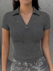 Camiseta casual de manga corta de ajuste ceñido y cuello de mujer, color liso, color negro - Negro 2 - Ver 6