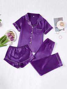 Conjunto de pijama de 3 piezas para mujer con cuello de seda falsa de unicolor y ribete contrastante - Morado - Ver 4