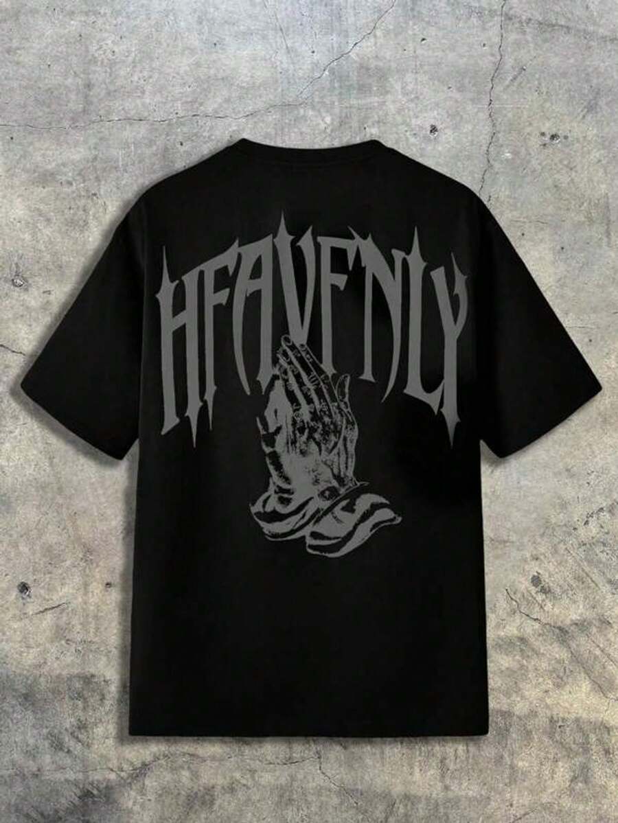 Camiseta Casual Simple de Manga Corta con Cuello Redondo y Estampado de Letras para Hombre NORVETH, Verano, Estilo Urbano, Emo, Estilo de los 2000, para Parejas - Negro - Ver 1