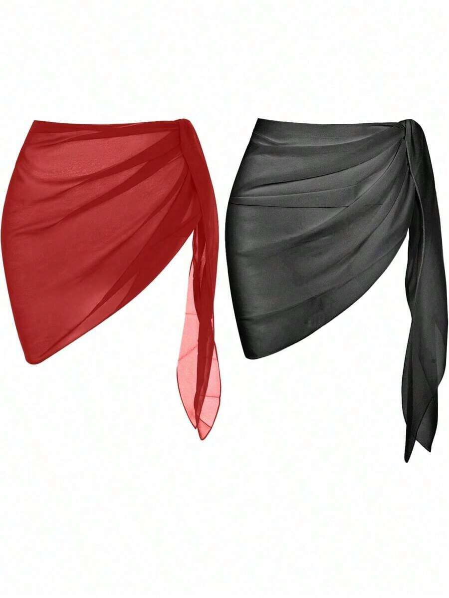Conjunto de falda cubierta de verano para mujeres en vacaciones en la playa con cintura ajustable y unicolor - Multicolor 5 - Ver 1