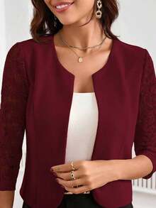 Chaqueta corta elegante de mujer con parches de encaje, frente abierto y mangas 3/4 para primavera y verano, y otoño/invierno - Burdeos - Ver 7