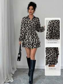 Vestido casual y elegante de manga larga con volantes y estampado de leopardo para mujer - Gris Claro - Ver 1