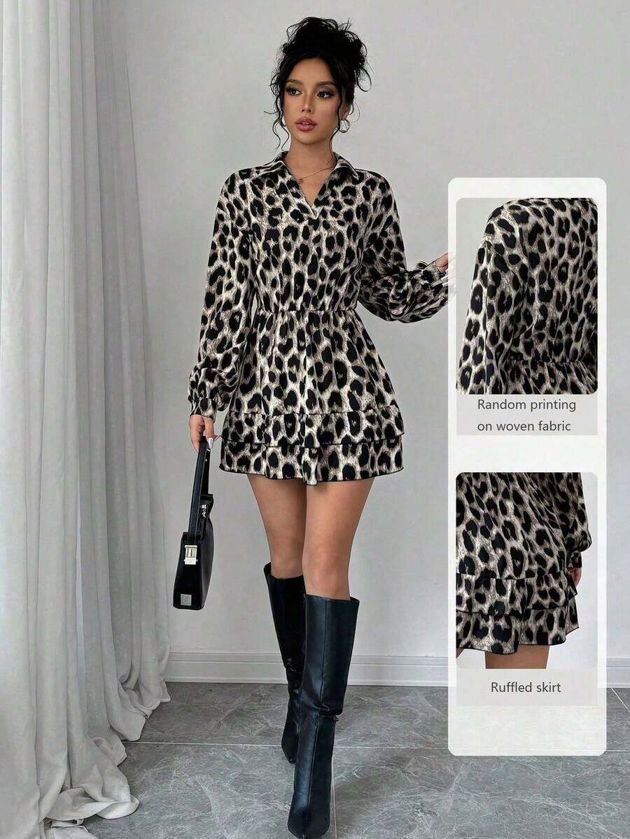 Vestido casual y elegante de manga larga con volantes y estampado de leopardo para mujer - Gris Claro - Ver 1