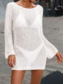Vestido corto tipo capa de unicolor, informal, fresco, para vacaciones y playa, con adorno de encaje, de manga larga para mujer, para primavera/verano - Blanco - Ver 2