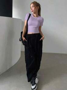 Camiseta Casual De Manga Corta Con Cuello Redondo Y unicolor Para Mujer En Verano - Morado - Ver 5