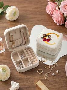 Beige Portable Storage Box - Personalized Letter Gift Box Suitable For Women, Multi-Compartment Jewelry Organizer Suitable For Earrings And Necklaces, Small Zippered Storage Box With Velvet Lining, Travel Storage Box Perfect For Bridesmaid Gifts And Friends - Bow - View 13