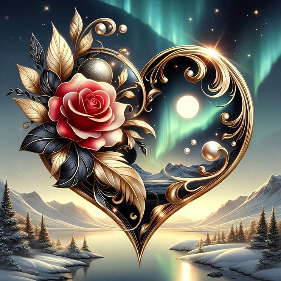 1件装 - DIY 5D钻石画套装“金心玫瑰：极光中的奢华雪花”，适合成人和初学者，钻石画工具套装，无框设计，全圆形钻石艺术刺绣，十字绣画，墙面装饰，家居装饰钻石工艺品，节日专属礼物 - 圓鑽 - 查看 1