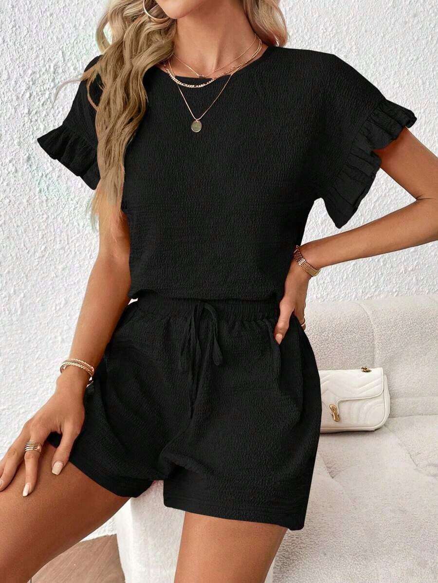 Top de manga con volante & Shorts de cintura con cordón - Negro - Ver 1