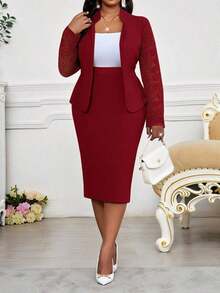 Lady Traje elegante de blazer y vestido de manga larga con cuello de solapa y encaje en contraste para mujer de talla grande - Burdeos - Ver 6